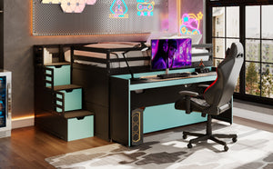 English Elm Full XL Loft Bed with Built-In Desk Trundle Drawers and Stair Storage for Teens Black+Blue LT000454AAC