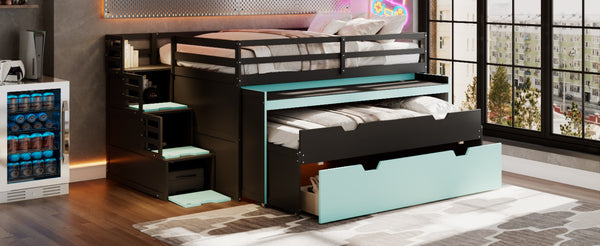English Elm Full XL Loft Bed with Built-In Desk Trundle Drawers and Stair Storage for Teens Black+Blue LT000454AAC