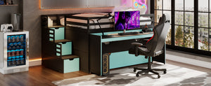 English Elm Full XL Loft Bed with Built-In Desk Trundle Drawers and Stair Storage for Teens Black+Blue LT000454AAC