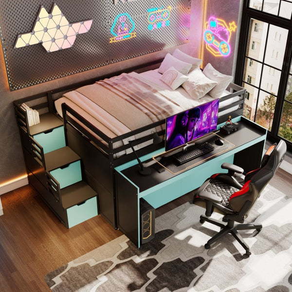 English Elm Full XL Loft Bed with Built-In Desk Trundle Drawers and Stair Storage for Teens Black+Blue LT000454AAC