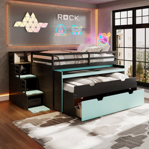 English Elm Full XL Loft Bed with Built-In Desk Trundle Drawers and Stair Storage for Teens Black+Blue LT000454AAC