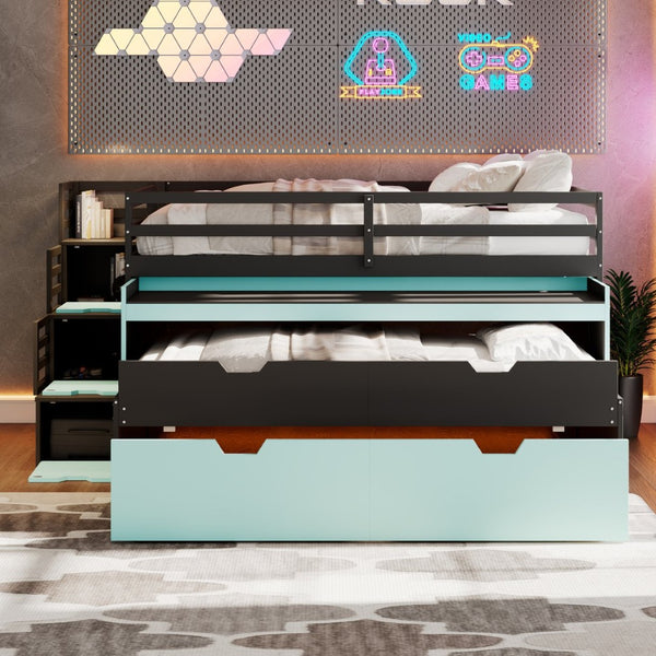 English Elm Full XL Loft Bed with Built-In Desk Trundle Drawers and Stair Storage for Teens Black+Blue LT000454AAC
