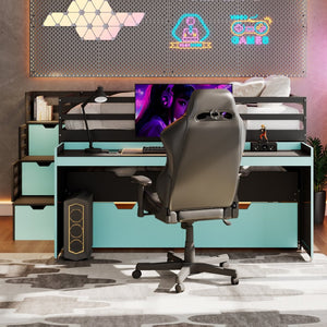 English Elm Full XL Loft Bed with Built-In Desk Trundle Drawers and Stair Storage for Teens Black+Blue LT000454AAC