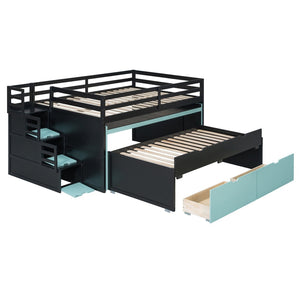 English Elm Full XL Loft Bed with Built-In Desk Trundle Drawers and Stair Storage for Teens Black+Blue LT000454AAC