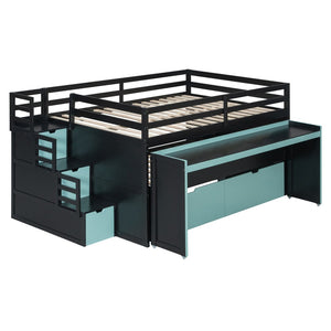 English Elm Full XL Loft Bed with Built-In Desk Trundle Drawers and Stair Storage for Teens Black+Blue LT000454AAC