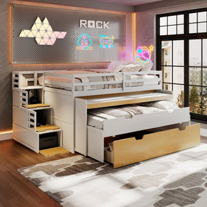 English Elm Full XL Loft Bed with Built-In Desk Trundle Drawers and Stair Storage for Teens White+Wood Color LT000454AAD