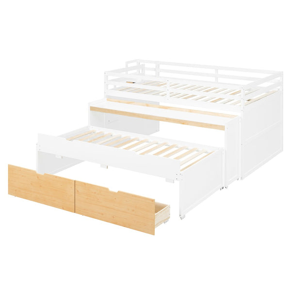 English Elm Full XL Loft Bed with Built-In Desk Trundle Drawers and Stair Storage for Teens White+Wood Color LT000454AAD