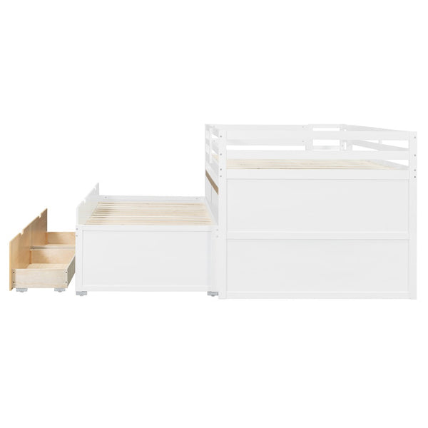 English Elm Full XL Loft Bed with Built-In Desk Trundle Drawers and Stair Storage for Teens White+Wood Color LT000454AAD