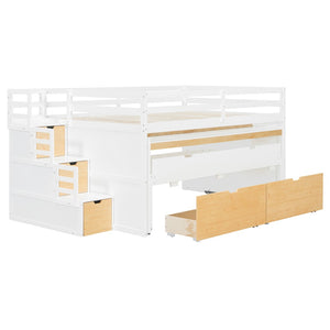 English Elm Full XL Loft Bed with Built-In Desk Trundle Drawers and Stair Storage for Teens White+Wood Color LT000454AAD