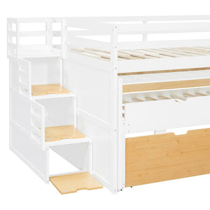 English Elm Full XL Loft Bed with Built-In Desk Trundle Drawers and Stair Storage for Teens White+Wood Color LT000454AAD