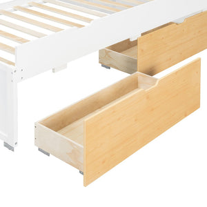 English Elm Full XL Loft Bed with Built-In Desk Trundle Drawers and Stair Storage for Teens White+Wood Color LT000454AAD