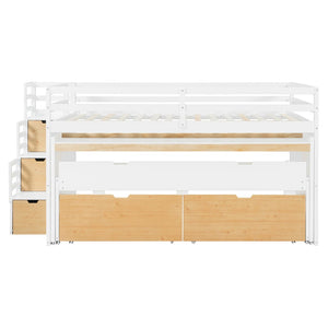 English Elm Full XL Loft Bed with Built-In Desk Trundle Drawers and Stair Storage for Teens White+Wood Color LT000454AAD