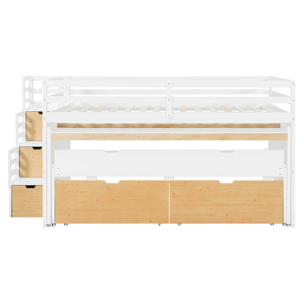 English Elm Full XL Loft Bed with Built-In Desk Trundle Drawers and Stair Storage for Teens White+Wood Color LT000454AAD