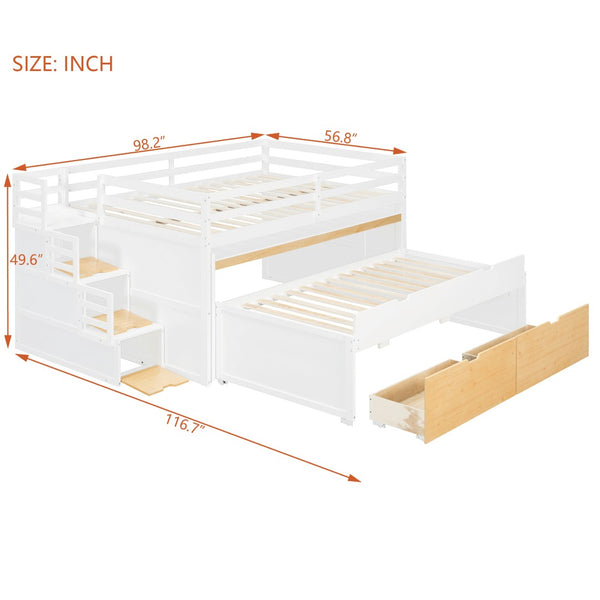 English Elm Full XL Loft Bed with Built-In Desk Trundle Drawers and Stair Storage for Teens White+Wood Color LT000454AAD