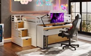 English Elm Full XL Loft Bed with Built-In Desk Trundle Drawers and Stair Storage for Teens White+Wood Color LT000454AAD