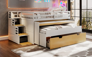 English Elm Full XL Loft Bed with Built-In Desk Trundle Drawers and Stair Storage for Teens White+Wood Color LT000454AAD