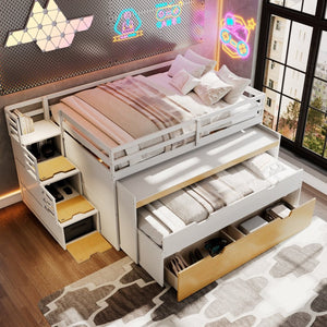 English Elm Full XL Loft Bed with Built-In Desk Trundle Drawers and Stair Storage for Teens White+Wood Color LT000454AAD