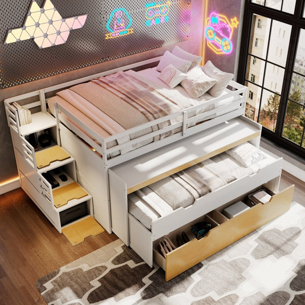 English Elm Full XL Loft Bed with Built-In Desk Trundle Drawers and Stair Storage for Teens White+Wood Color LT000454AAD
