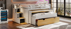English Elm Full XL Loft Bed with Built-In Desk Trundle Drawers and Stair Storage for Teens White+Wood Color LT000454AAD