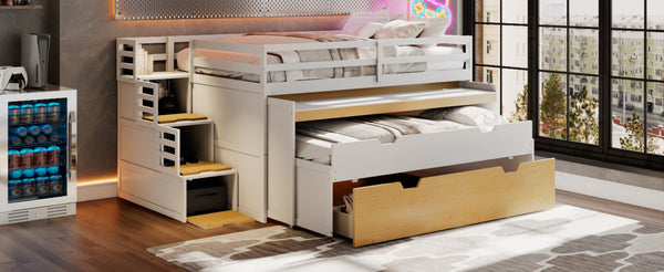 English Elm Full XL Loft Bed with Built-In Desk Trundle Drawers and Stair Storage for Teens White+Wood Color LT000454AAD