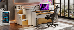 English Elm Full XL Loft Bed with Built-In Desk Trundle Drawers and Stair Storage for Teens White+Wood Color LT000454AAD