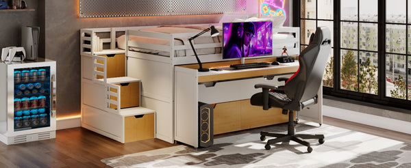 English Elm Full XL Loft Bed with Built-In Desk Trundle Drawers and Stair Storage for Teens White+Wood Color LT000454AAD