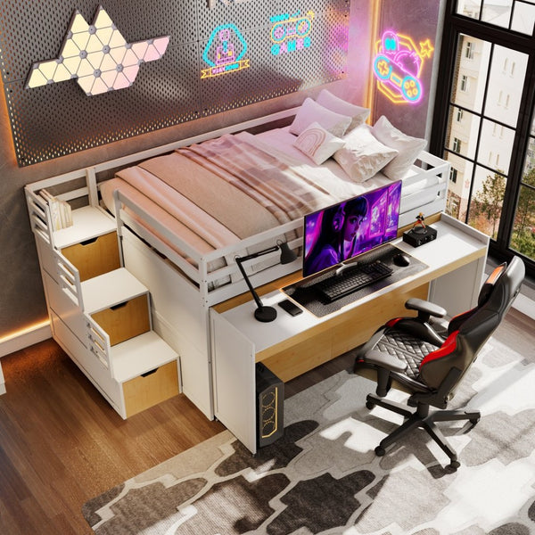 English Elm Full XL Loft Bed with Built-In Desk Trundle Drawers and Stair Storage for Teens White+Wood Color LT000454AAD