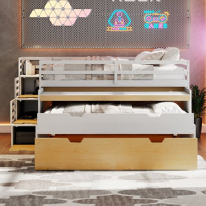 English Elm Full XL Loft Bed with Built-In Desk Trundle Drawers and Stair Storage for Teens White+Wood Color LT000454AAD