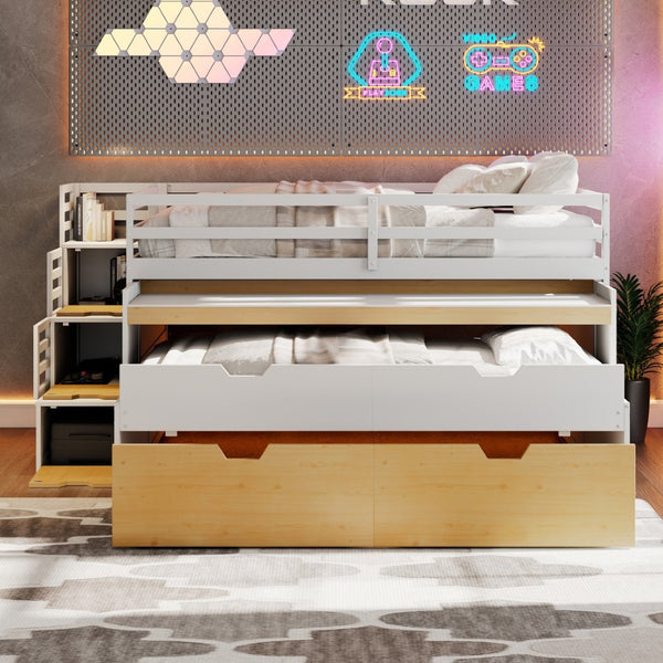 English Elm Full XL Loft Bed with Built-In Desk Trundle Drawers and Stair Storage for Teens White+Wood Color LT000454AAD