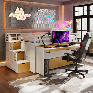 English Elm Full XL Loft Bed with Built-In Desk Trundle Drawers and Stair Storage for Teens White+Wood Color LT000454AAD