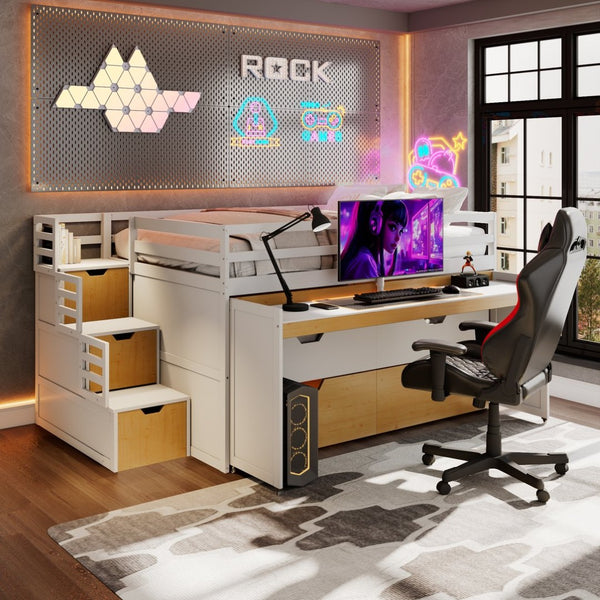 English Elm Full XL Loft Bed with Built-In Desk Trundle Drawers and Stair Storage for Teens White+Wood Color LT000454AAD