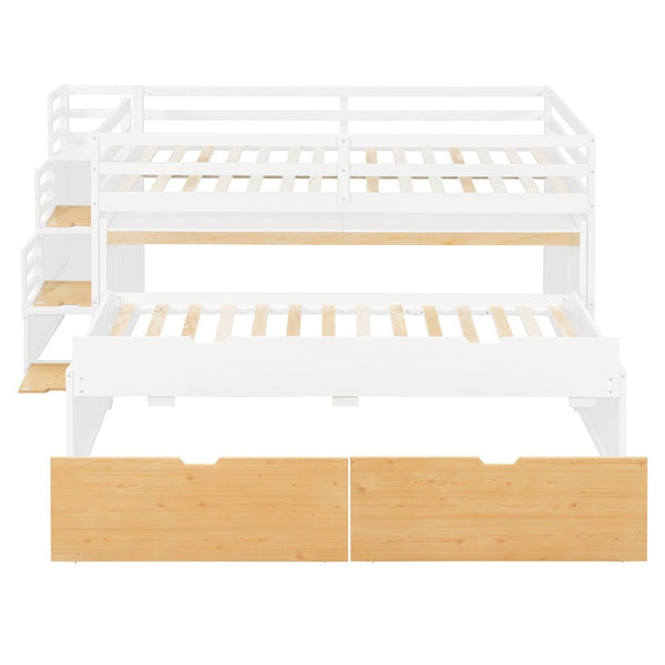 English Elm Full XL Loft Bed with Built-In Desk Trundle Drawers and Stair Storage for Teens White+Wood Color LT000454AAD