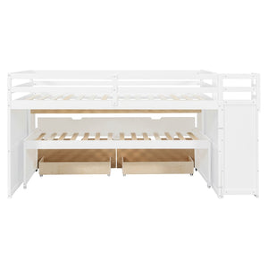 English Elm Full XL Loft Bed with Built-In Desk Trundle Drawers and Stair Storage for Teens White+Wood Color LT000454AAD