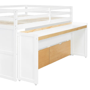 English Elm Full XL Loft Bed with Built-In Desk Trundle Drawers and Stair Storage for Teens White+Wood Color LT000454AAD