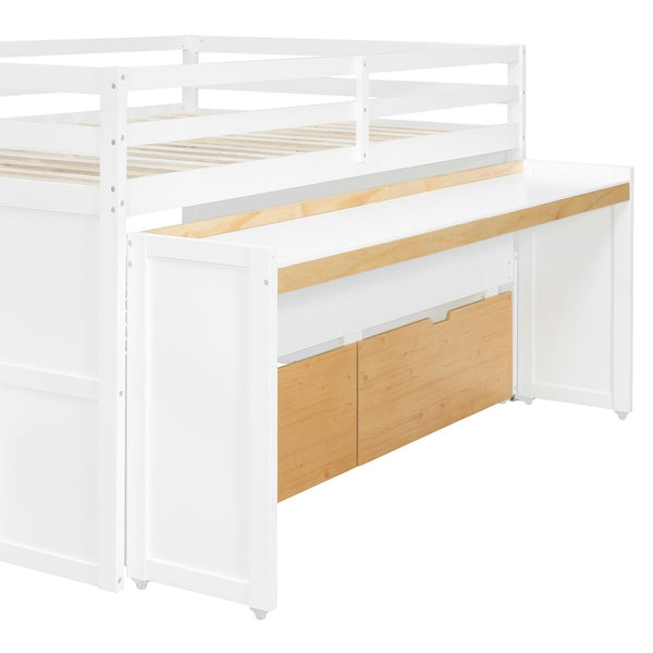 English Elm Full XL Loft Bed with Built-In Desk Trundle Drawers and Stair Storage for Teens White+Wood Color LT000454AAD