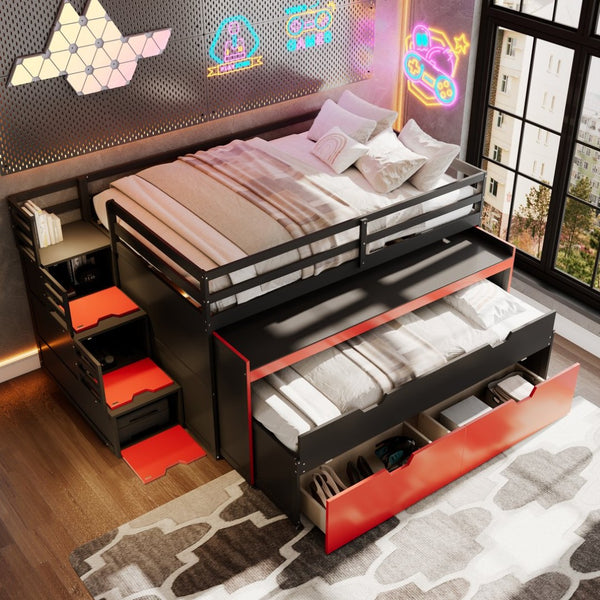 English Elm Full XL Loft Bed with Built-In Desk Trundle Drawers and Stair Storage for Teens Black+Red LT000454AAJ