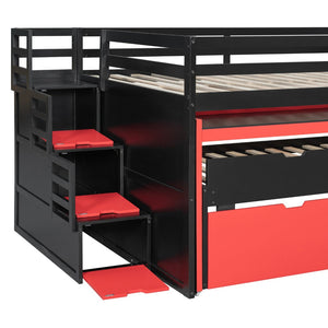 English Elm Full XL Loft Bed with Built-In Desk Trundle Drawers and Stair Storage for Teens Black+Red LT000454AAJ