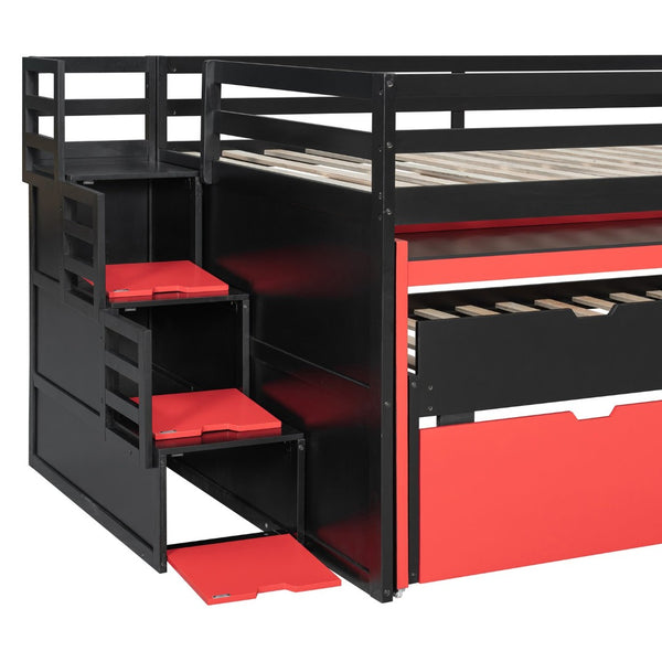 English Elm Full XL Loft Bed with Built-In Desk Trundle Drawers and Stair Storage for Teens Black+Red LT000454AAJ