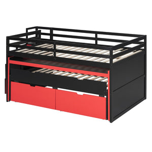 English Elm Full XL Loft Bed with Built-In Desk Trundle Drawers and Stair Storage for Teens Black+Red LT000454AAJ