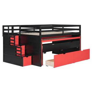 English Elm Full XL Loft Bed with Built-In Desk Trundle Drawers and Stair Storage for Teens Black+Red LT000454AAJ