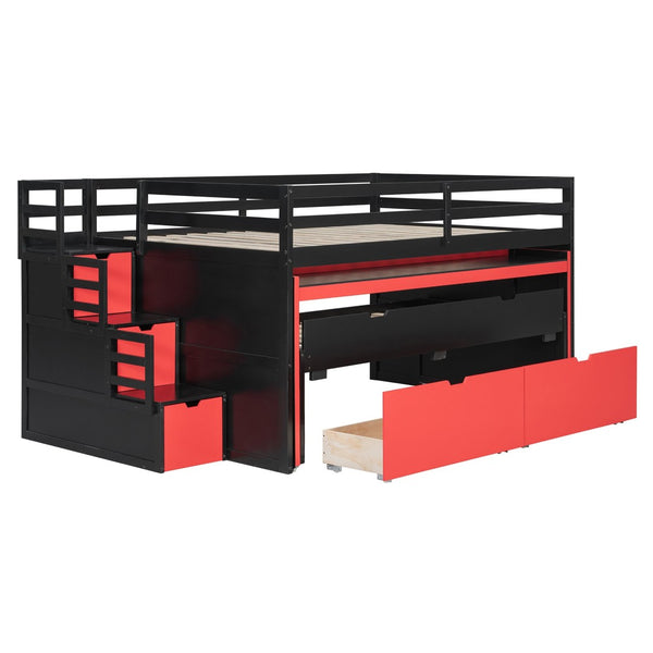 English Elm Full XL Loft Bed with Built-In Desk Trundle Drawers and Stair Storage for Teens Black+Red LT000454AAJ