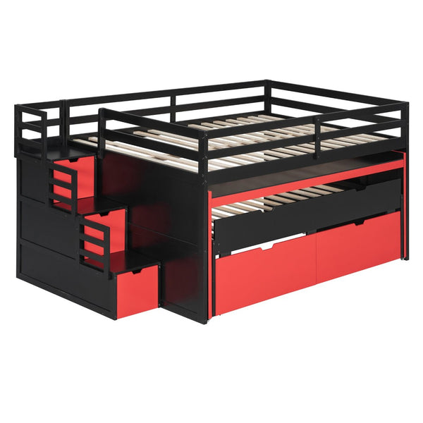English Elm Full XL Loft Bed with Built-In Desk Trundle Drawers and Stair Storage for Teens Black+Red LT000454AAJ
