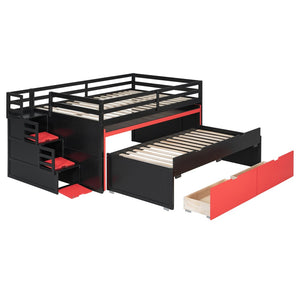 English Elm Full XL Loft Bed with Built-In Desk Trundle Drawers and Stair Storage for Teens Black+Red LT000454AAJ