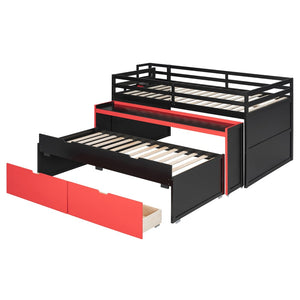 English Elm Full XL Loft Bed with Built-In Desk Trundle Drawers and Stair Storage for Teens Black+Red LT000454AAJ