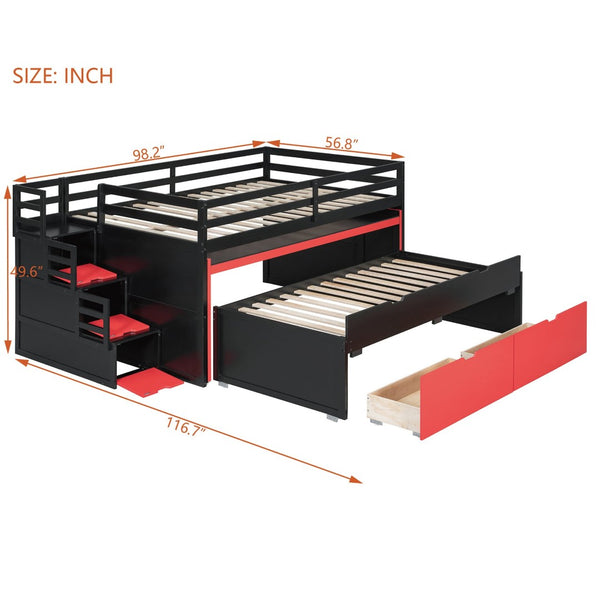 English Elm Full XL Loft Bed with Built-In Desk Trundle Drawers and Stair Storage for Teens Black+Red LT000454AAJ