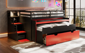 English Elm Full XL Loft Bed with Built-In Desk Trundle Drawers and Stair Storage for Teens Black+Red LT000454AAJ