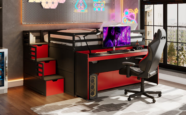 English Elm Full XL Loft Bed with Built-In Desk Trundle Drawers and Stair Storage for Teens Black+Red LT000454AAJ