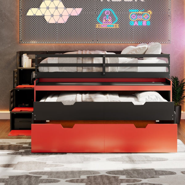 English Elm Full XL Loft Bed with Built-In Desk Trundle Drawers and Stair Storage for Teens Black+Red LT000454AAJ