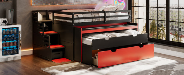 English Elm Full XL Loft Bed with Built-In Desk Trundle Drawers and Stair Storage for Teens Black+Red LT000454AAJ