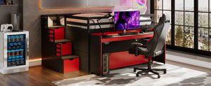 English Elm Full XL Loft Bed with Built-In Desk Trundle Drawers and Stair Storage for Teens Black+Red LT000454AAJ